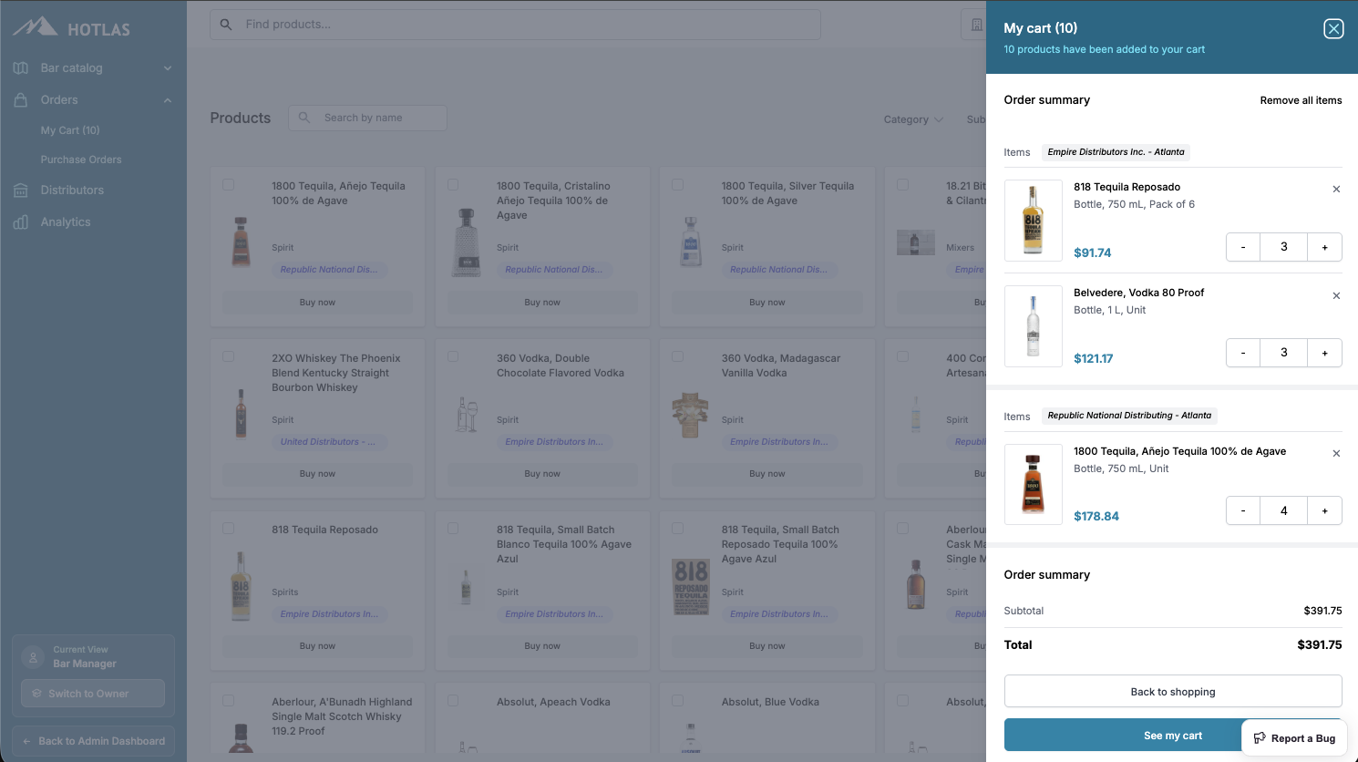 Bar catalog showing products from multiple distributors with active cart