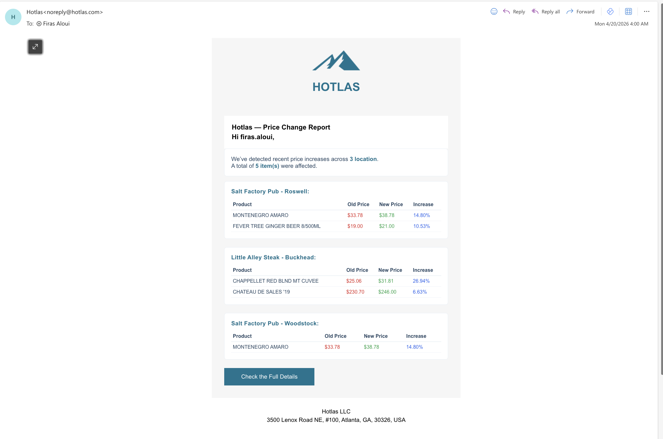 Price change report email showing affected products and locations