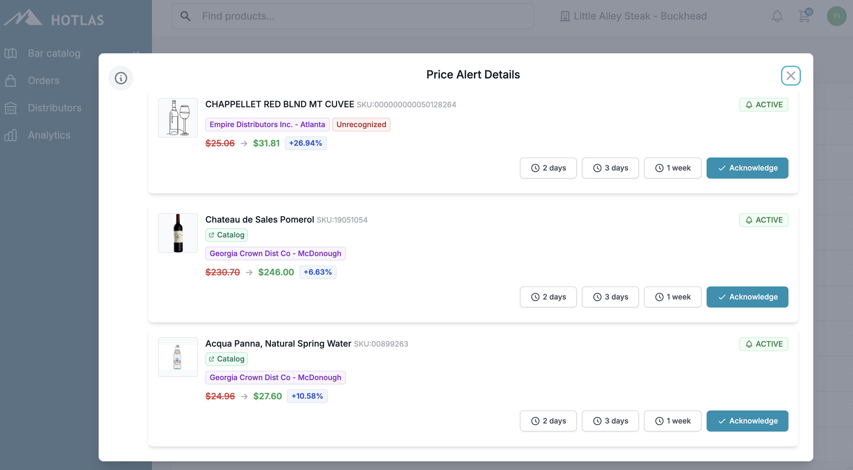 Price alert details showing price increases per product with old and new prices